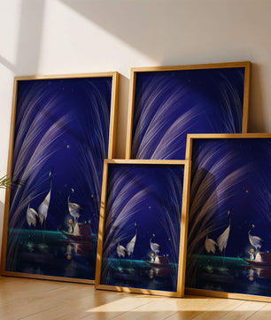Serene night scene with graceful cranes and a magical boat ride