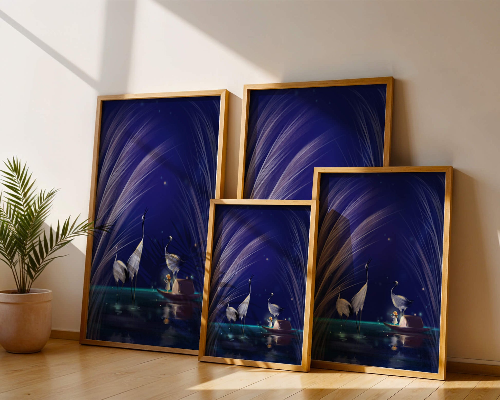Serene night scene with graceful cranes and a magical boat ride