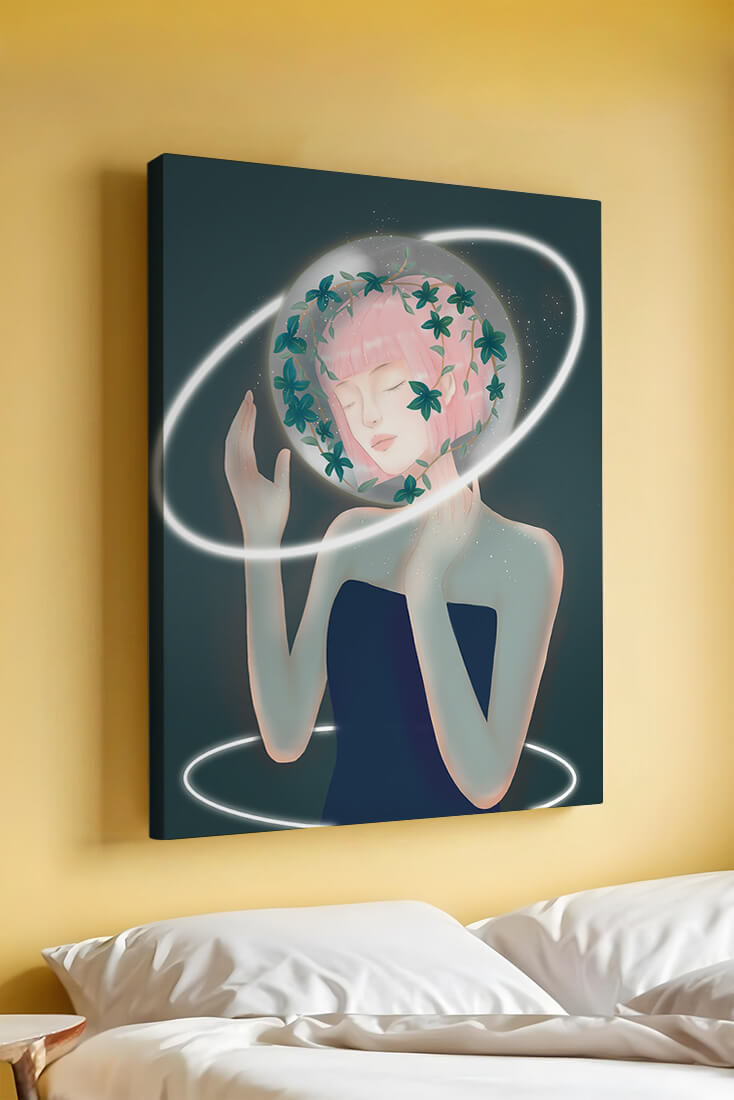 Dreamlike fantasy portrait with ethereal pink-haired figure