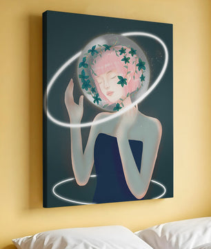 Portrait fantastique onirique avec une silhouette éthérée aux cheveux roses