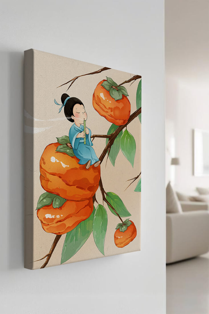 Child playing flute on persimmon-filled tree in whimsical illustration
