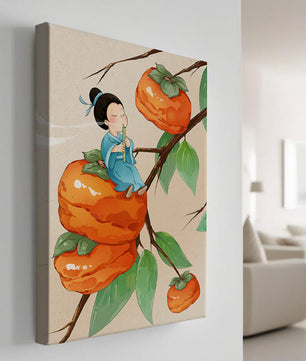 Child playing flute on persimmon-filled tree in whimsical illustration