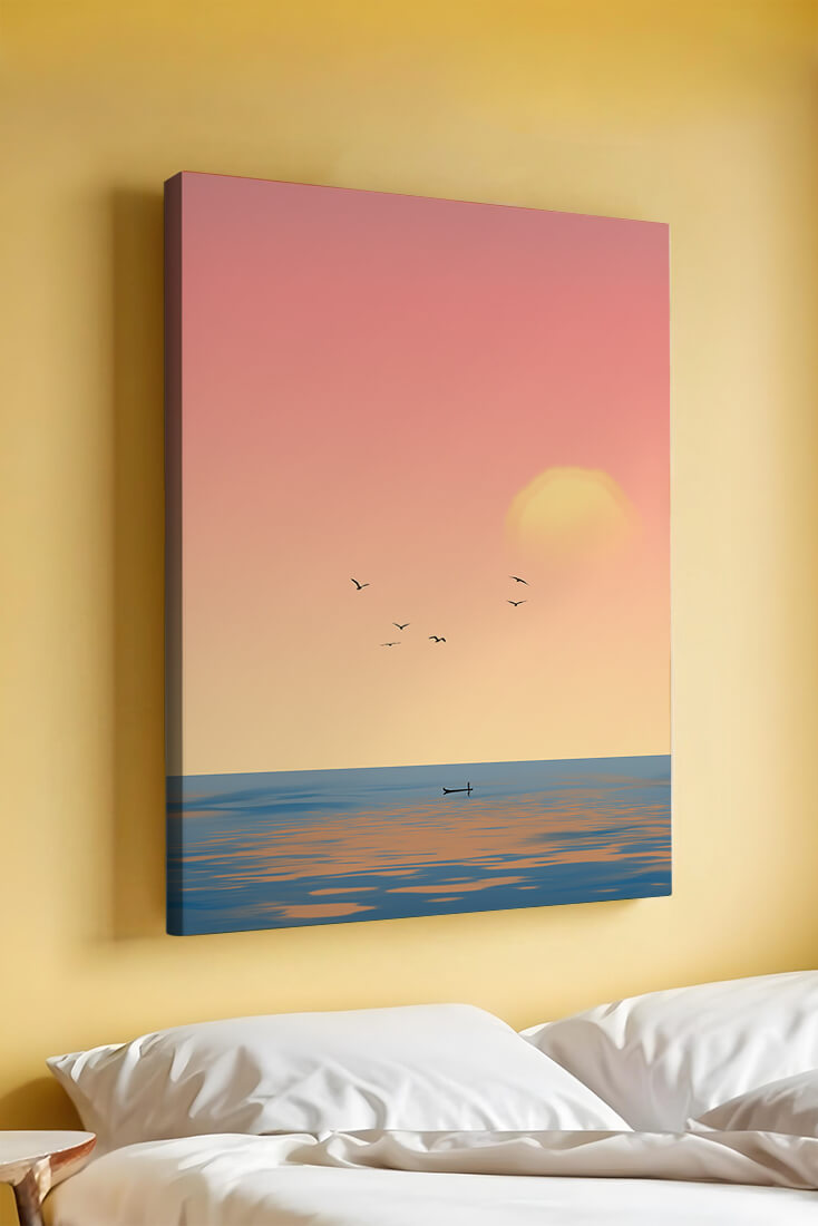 Serene Sunrise over the Ocean with a Lone Boat and Birds in Flight