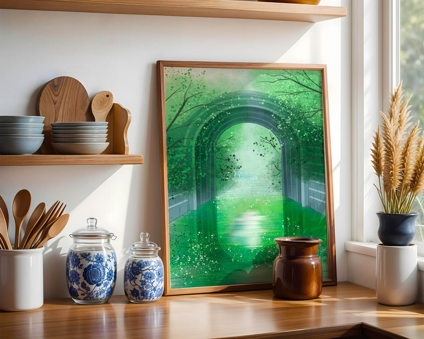 A serene green garden tunnel with reflective water