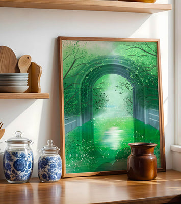 A serene green garden tunnel with reflective water