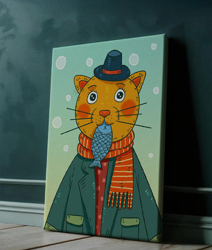Gato caprichoso vestido con atuendo invernal colorido