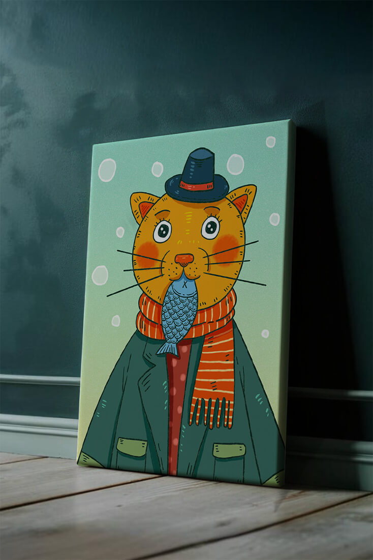 Whimsical cat dressed in colorful winter attire