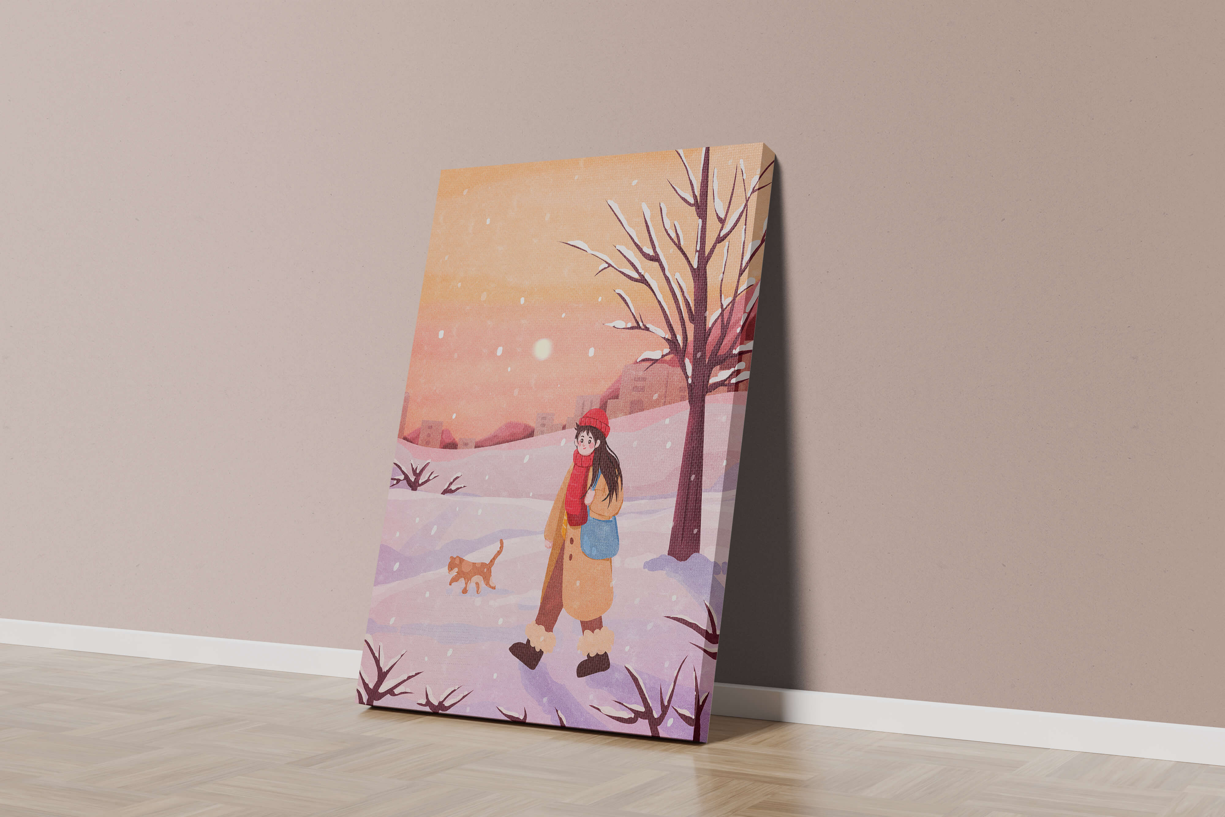 Winter sunset walk with a girl and dog in snowy landscape