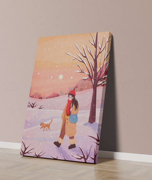 Winter sunset walk with a girl and dog in snowy landscape