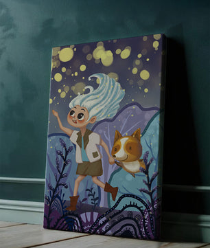 Whimsical Adventure in a Magical Night Sky Landscape