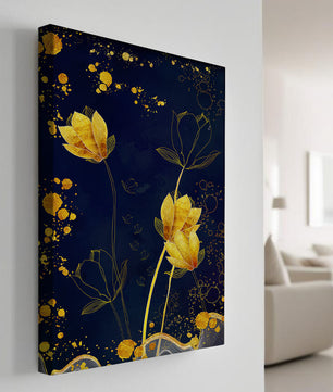 Diseño floral elegante con flores doradas sobre fondo azul marino
