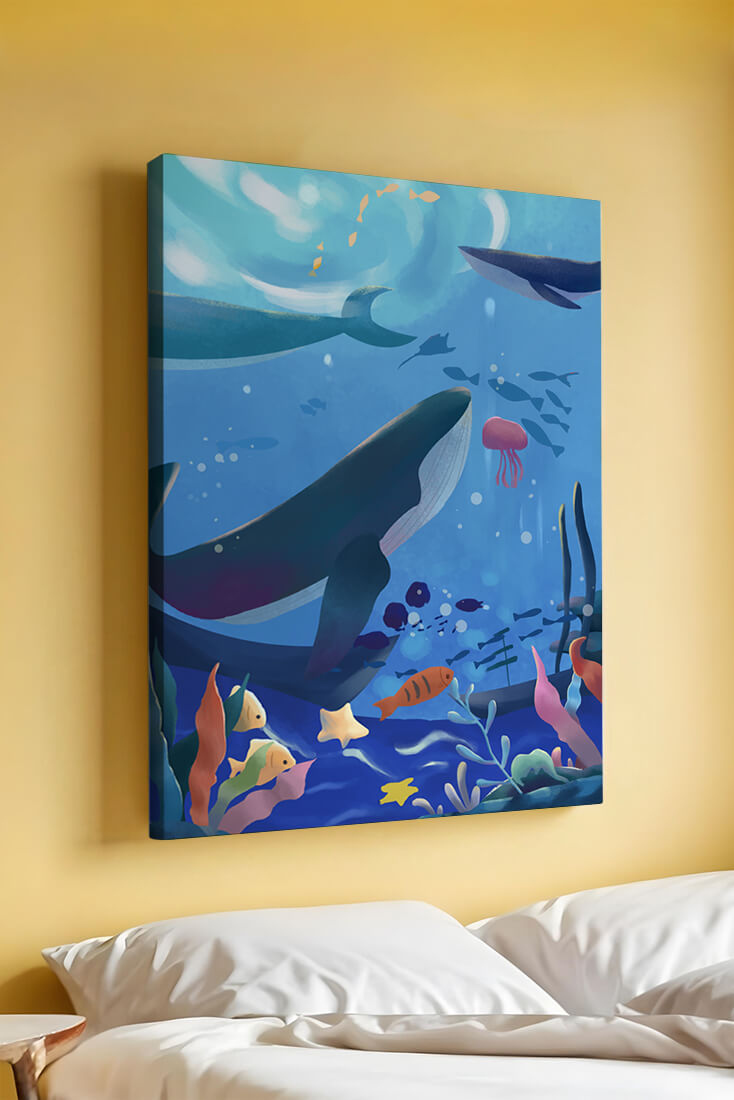 Underwater scene with whales, fish, and coral reef
