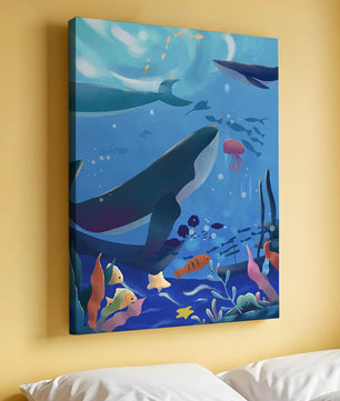 Escena submarina con ballenas, peces y arrecife de coral