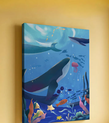Underwater scene with whales, fish, and coral reef