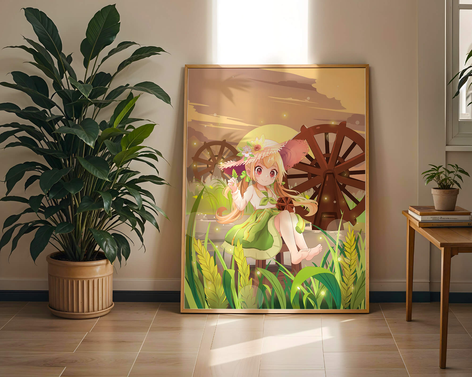 Enchanted countryside scene with a cute character and vibrant nature