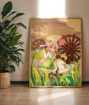 Enchanted countryside scene with a cute character and vibrant nature