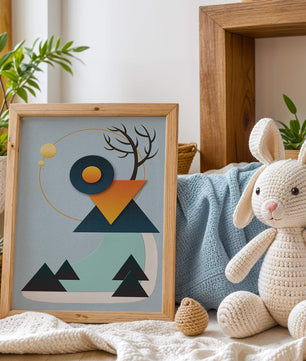 Abstract Geometric Landscape with Mountain and Sun - Mi tienda