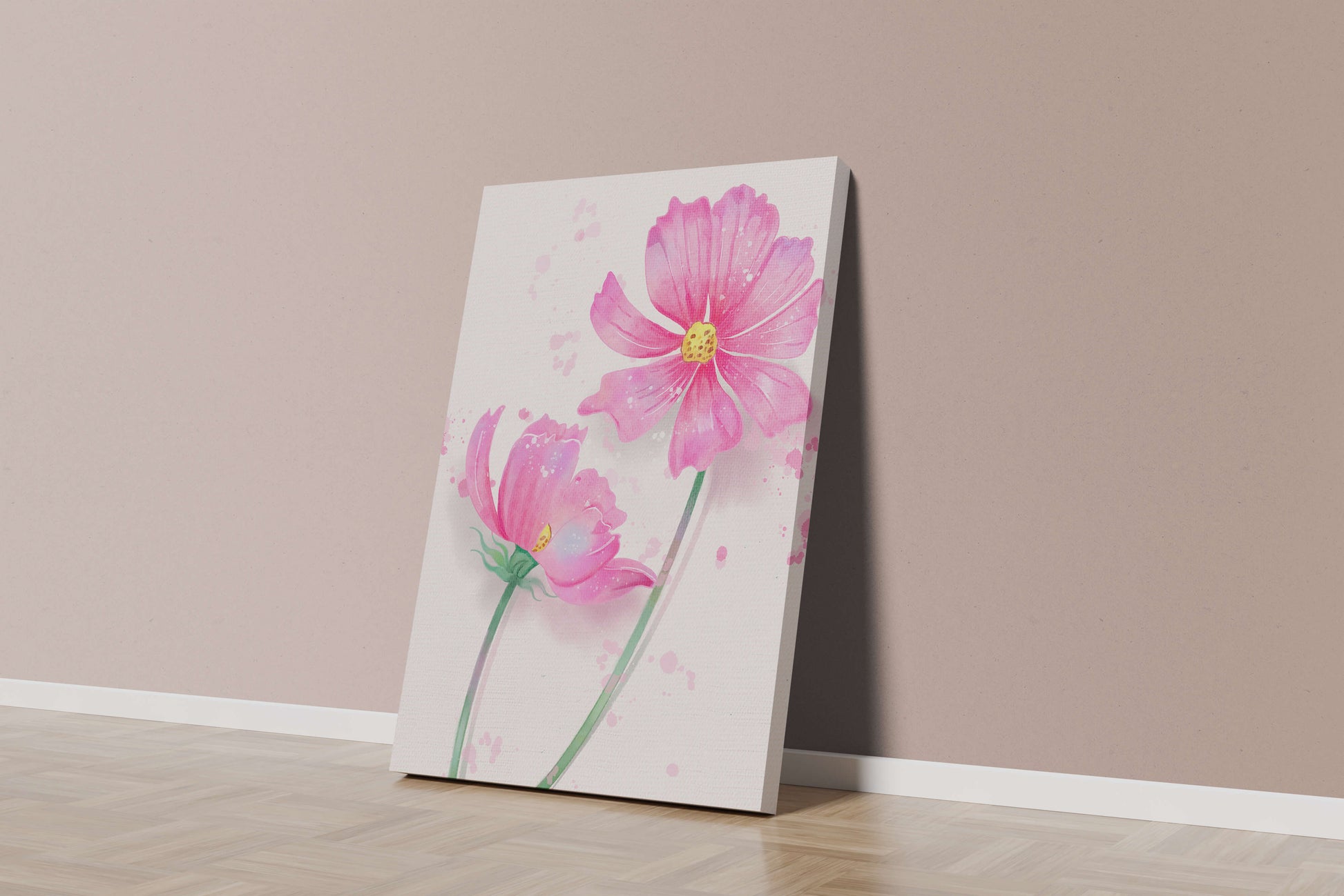 Flores delicadas en acuarela rosada con salpicaduras artísticas en lienzo