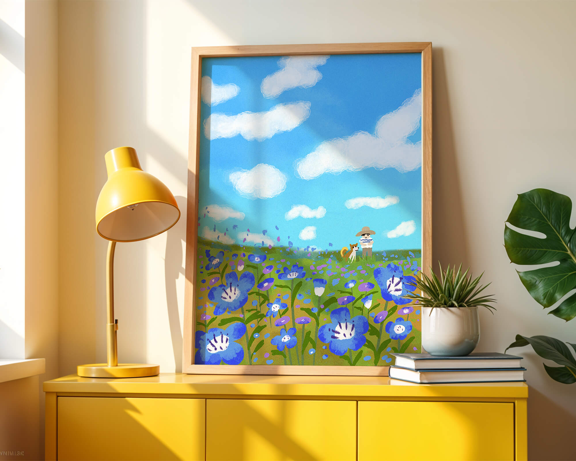 Man and dog in vibrant flower meadow under blue sky