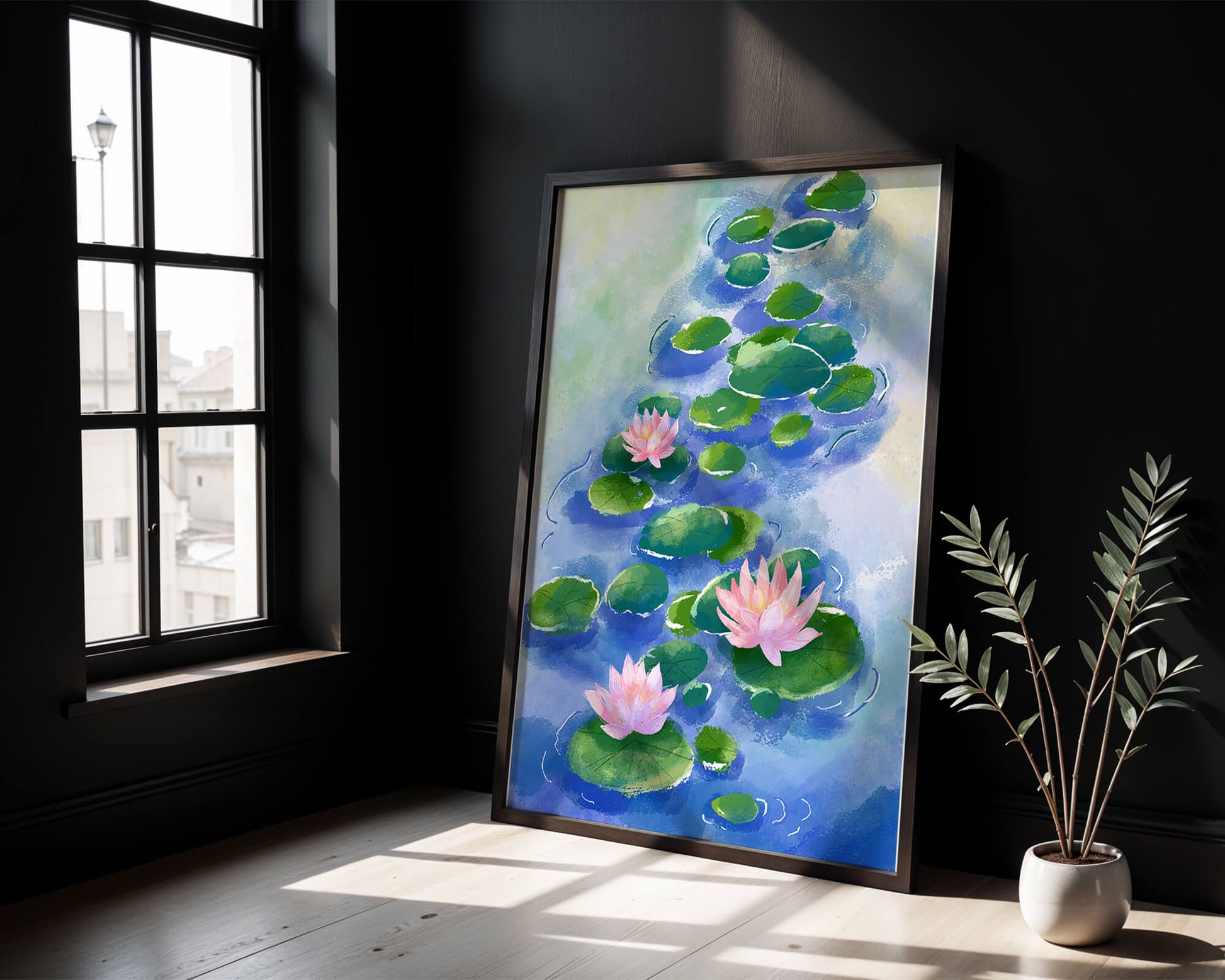 Escena acuática serena con flores de loto rosadas y nenúfares sobre una superficie de agua tranquila.
