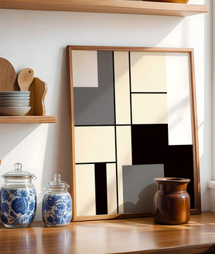 Abstraktes geometrisches Design mit gedämpften Farbtönen und kräftigen Linien