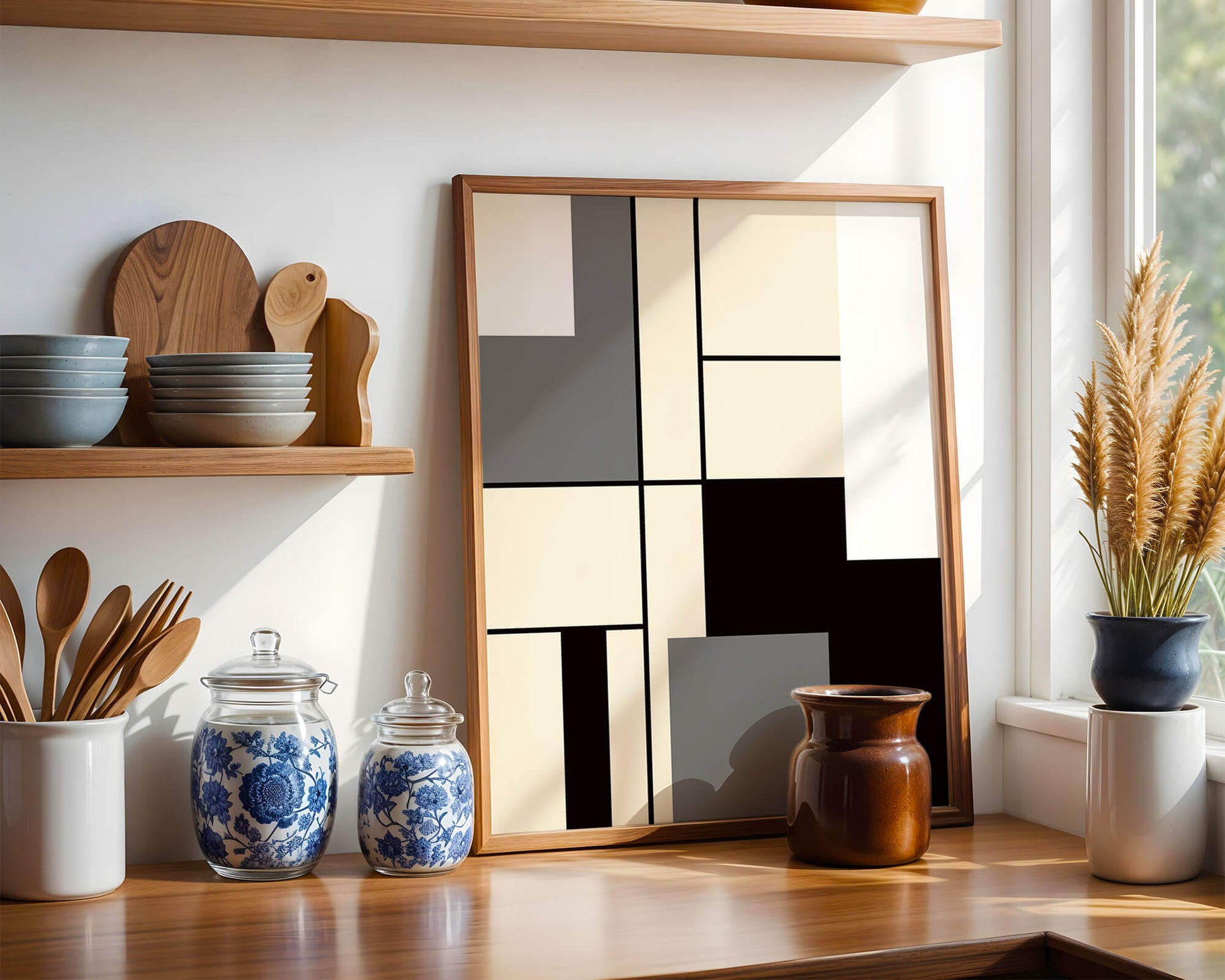 Abstract geometric design with muted shades and bold lines