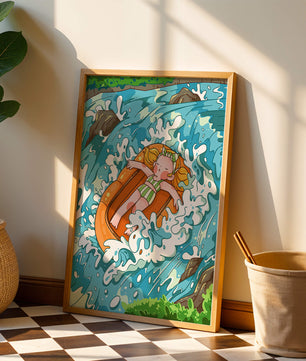 Adventurous raft ride down a vibrant cartoon river with character