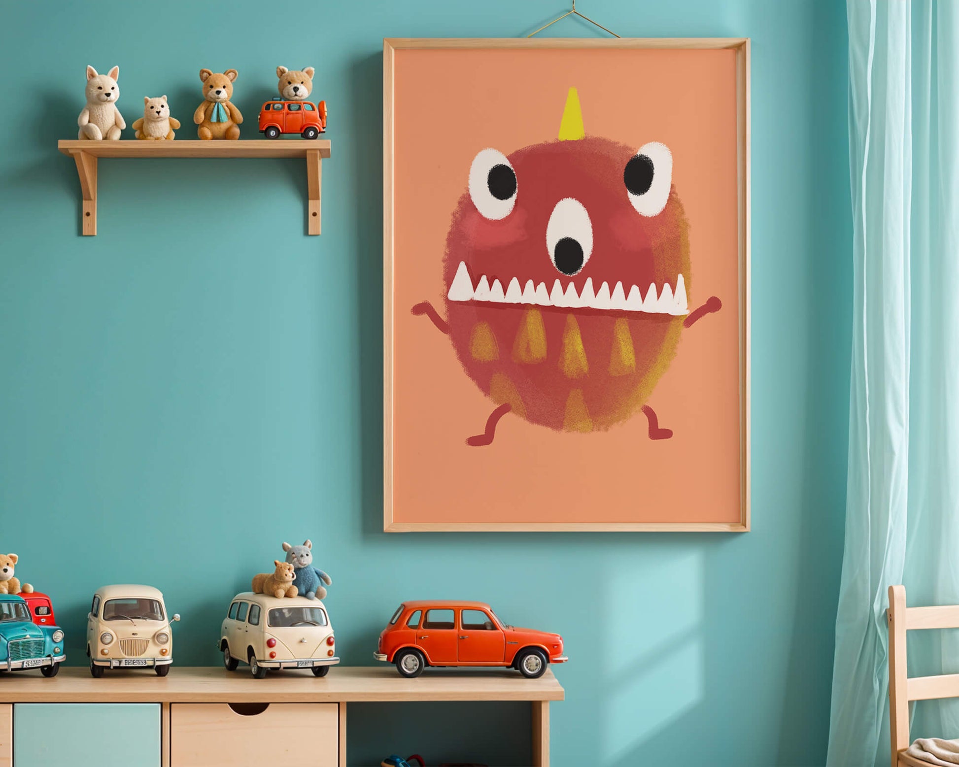 Monstruo colorido con rasgos geométricos y expresión lúdica.