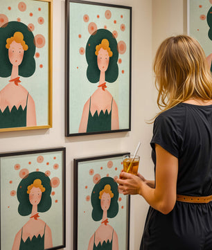 Whimsical Portrait of a Woman with Green Hair and Abstract Circles - Mi tienda