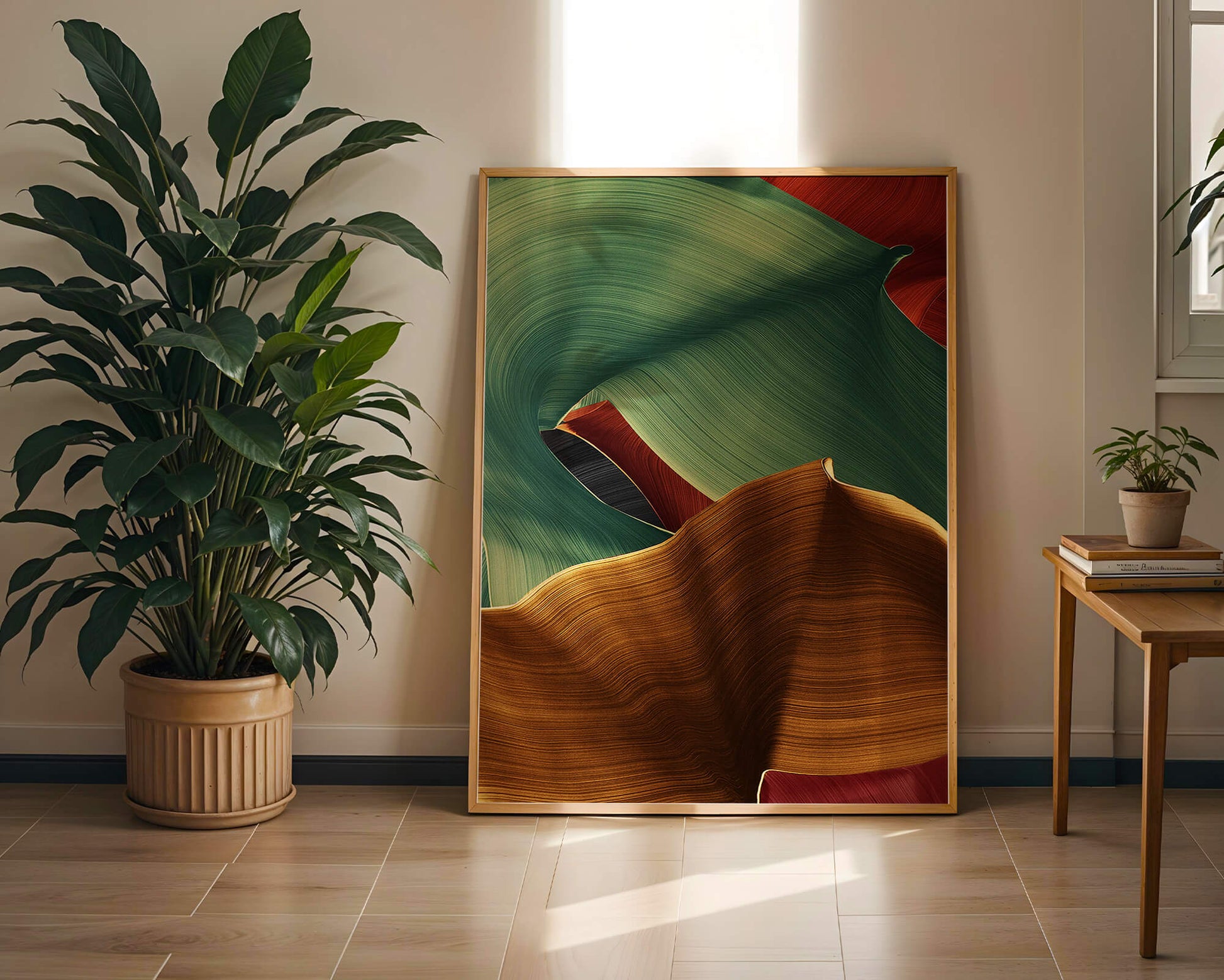 Abstrakte Komposition mit fließenden Texturen in Grün und Gold