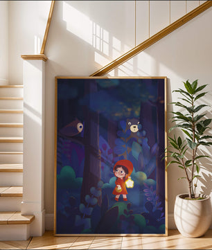 Little Girl in Red Hood Exploring Enchanted Forest at Night with Owl and Bear