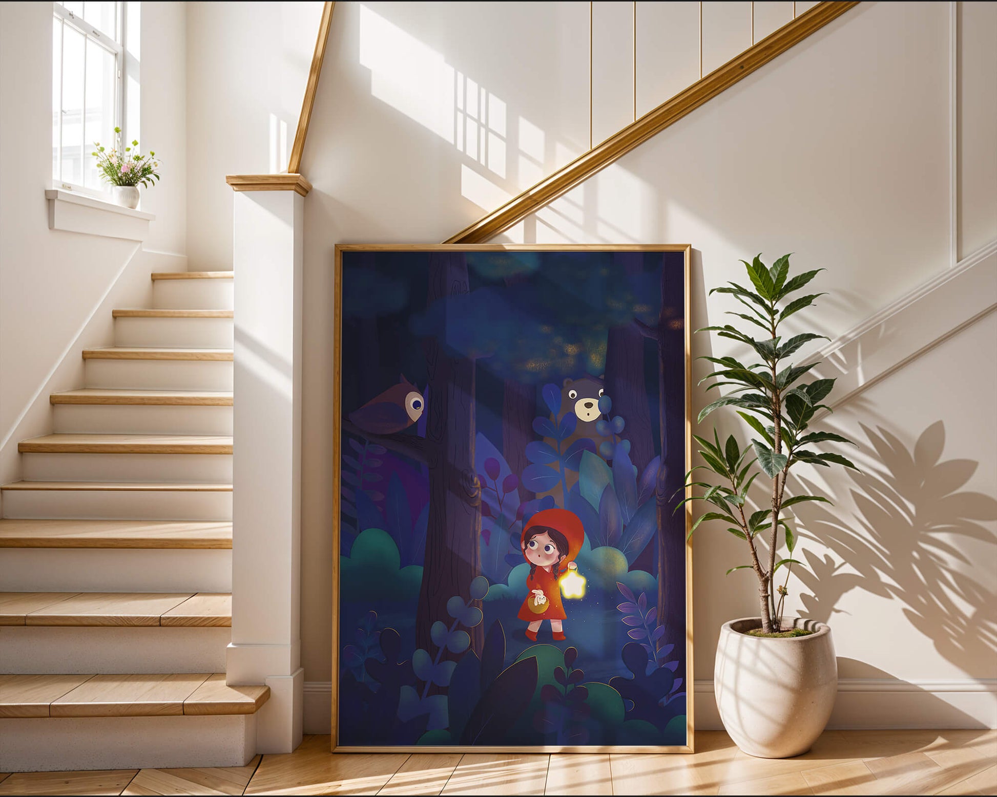 Little Girl in Red Hood Exploring Enchanted Forest at Night with Owl and Bear