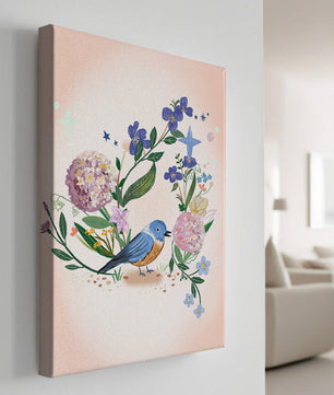 Delightful illustration of a bird amidst colorful flowers on a soft pink background