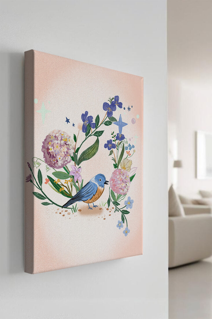 Delightful illustration of a bird amidst colorful flowers on a soft pink background