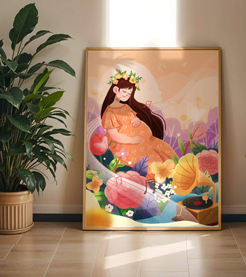 Woman in nature with flowers and musical notes