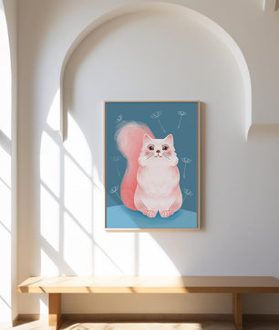 Whimsical Cat Illustration with Dandelions on Blue Background - Mi tienda