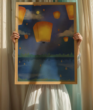 Lanterns Floating in Night Sky over Reflective Lake