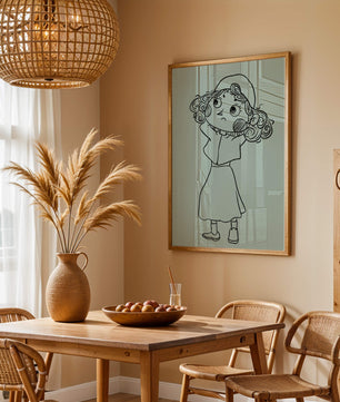 Hand-Drawn Illustration of a Thoughtful Cartoon Character with Curly Hair and a Beanie