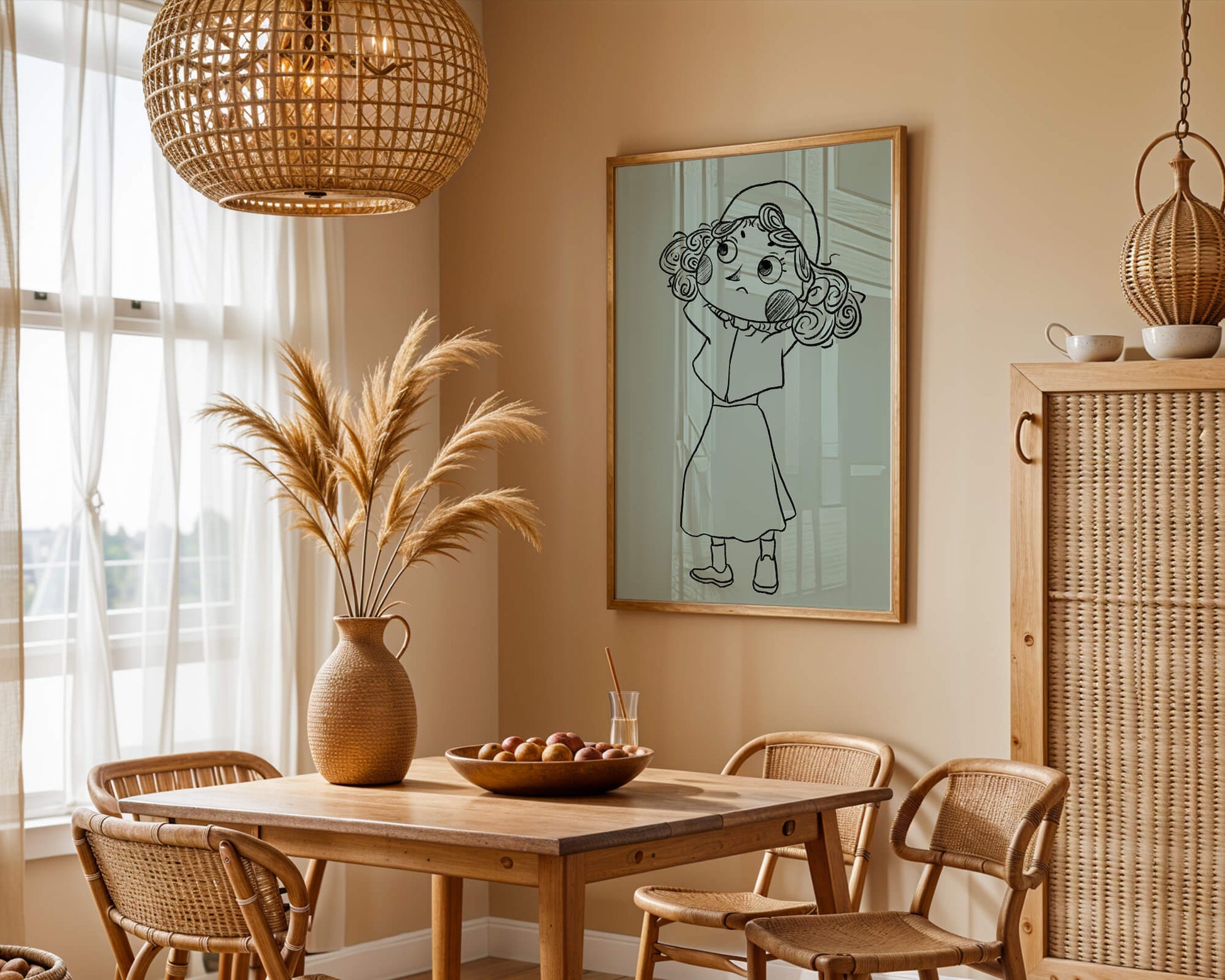 Ilustración a mano de un personaje de dibujos animados pensativo con cabello rizado y gorro