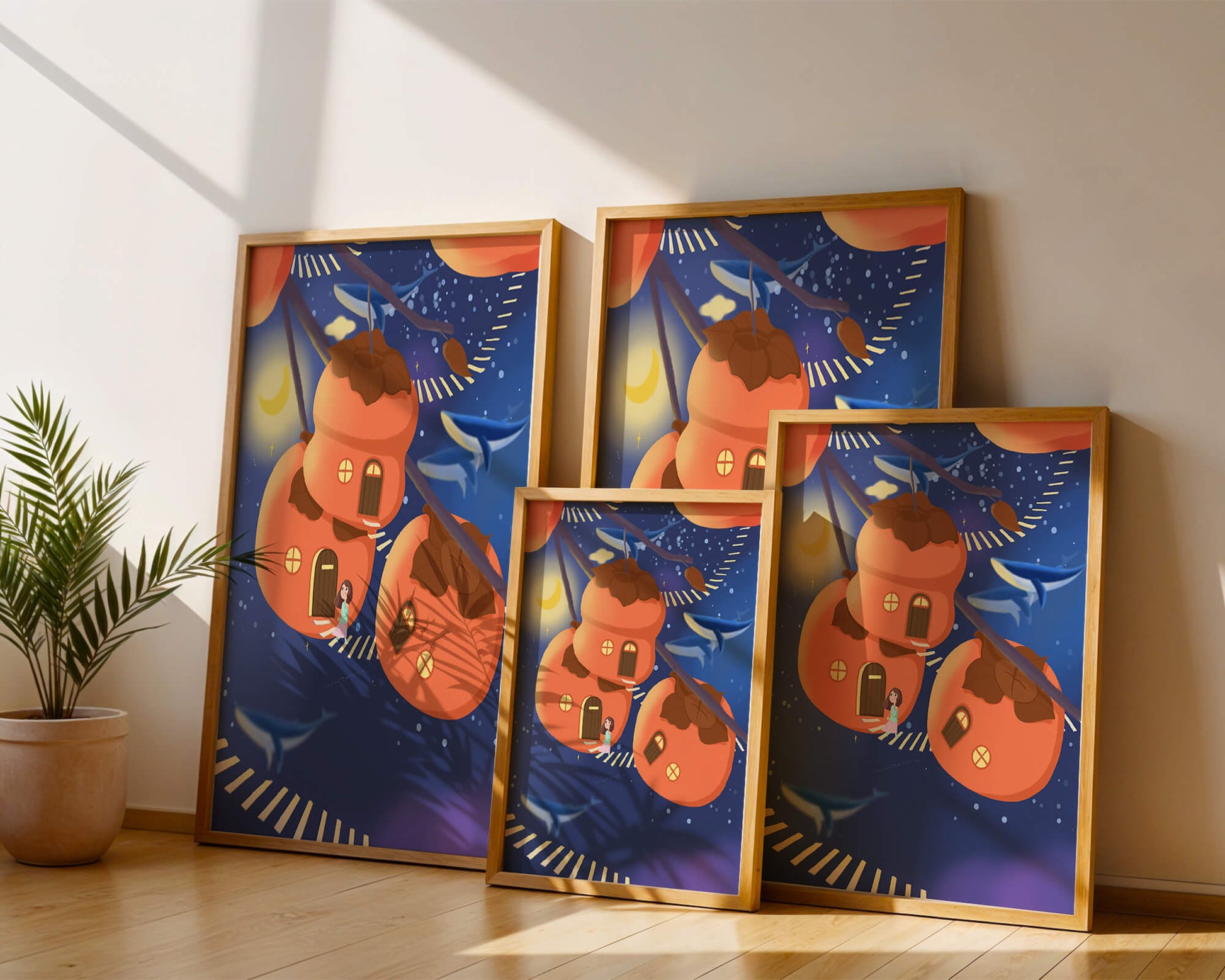 Whimsical night scene with floating persimmon houses and swimming whales