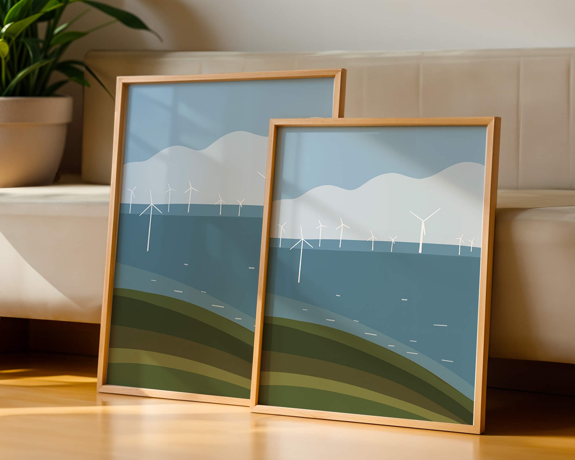 Wind Turbines on Rolling Hills Against a Clear Blue Sky