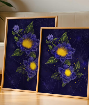 Floral Art with Blue and Yellow Lotus Design on Starry Background