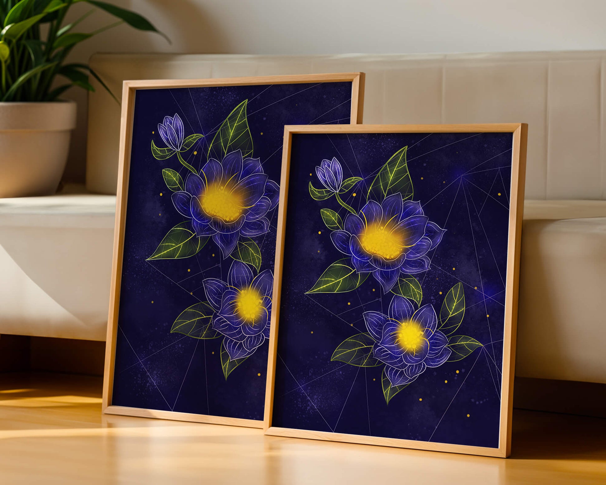 Floral Art with Blue and Yellow Lotus Design on Starry Background