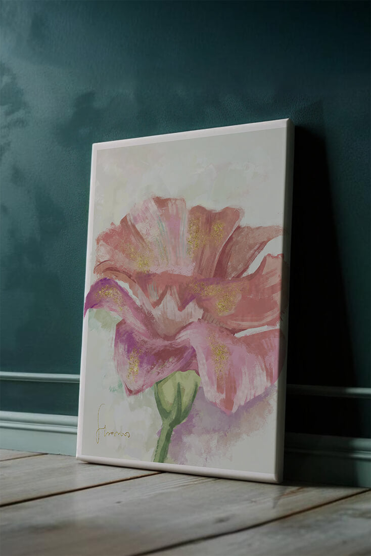 Beautiful pink flower painting with golden accents