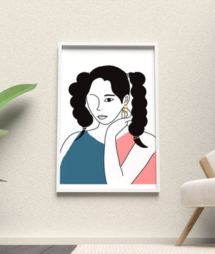 Minimalist Illustration of a Woman with Braided Hair and Gold Earring - Mi tienda