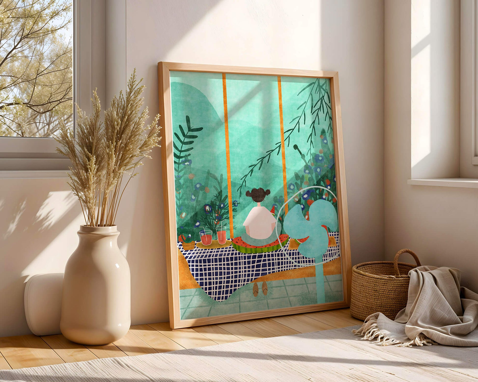 Young Girl Sitting on Checkered Table with Watermelon by Window Overlooking Nature