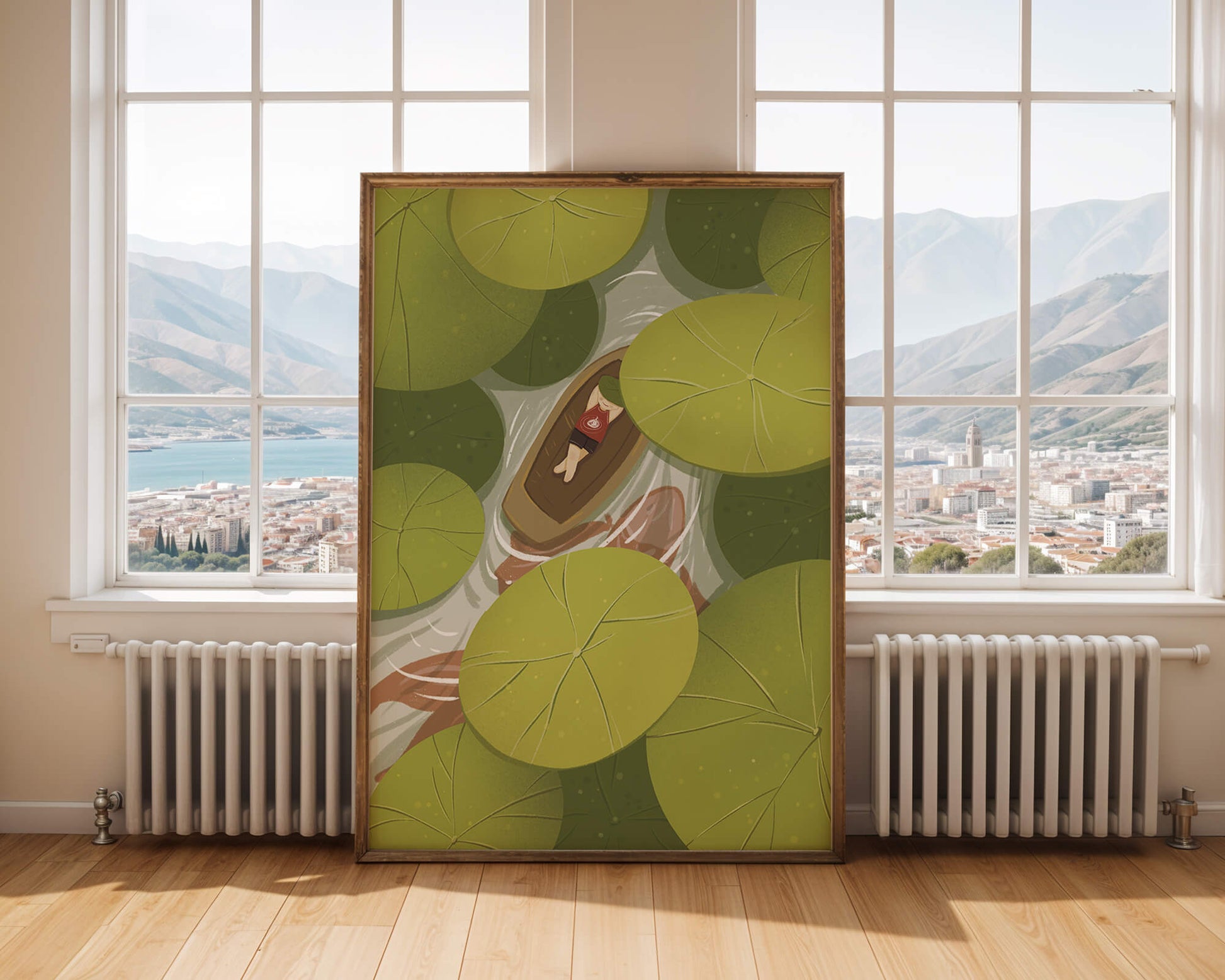 Person in boat among lush green lily pads