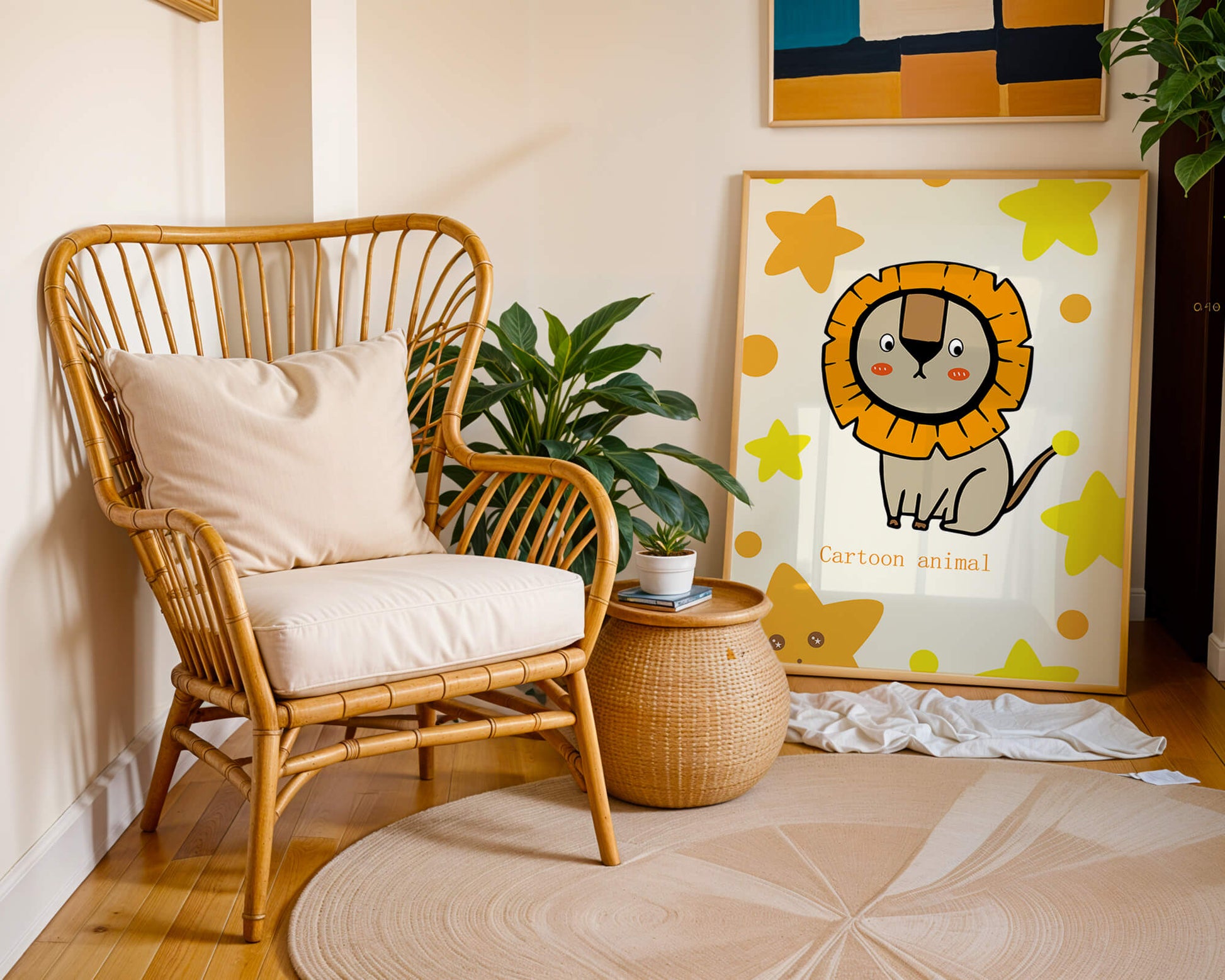 Cute cartoon lion illustration with stars for children's room