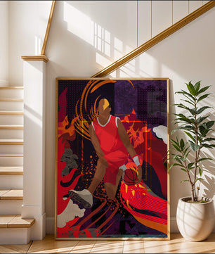 Ilustración dinámica de un jugador de baloncesto en movimiento con patrones abstractos