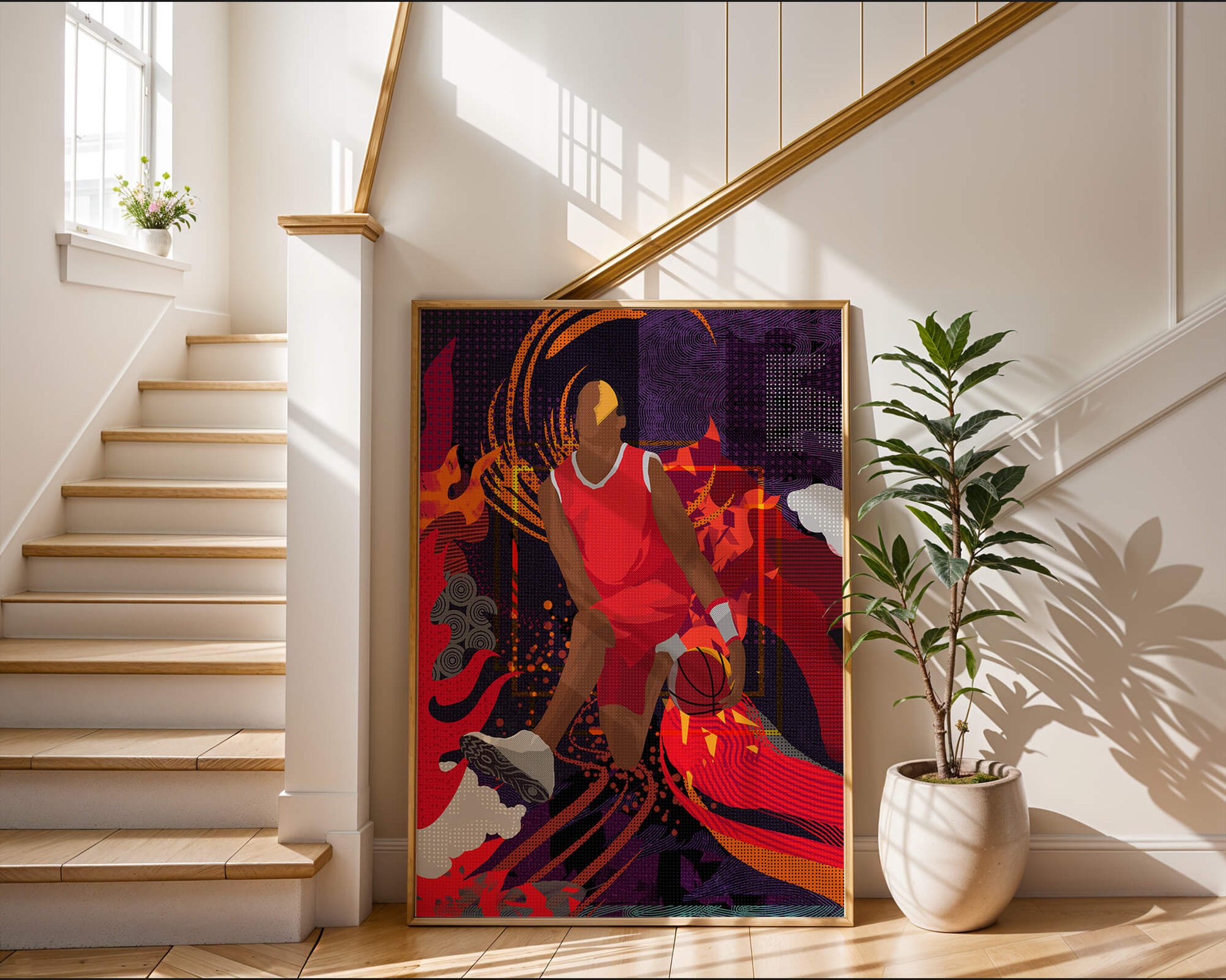 Dynamic illustration of a basketball player in motion with abstract patterns